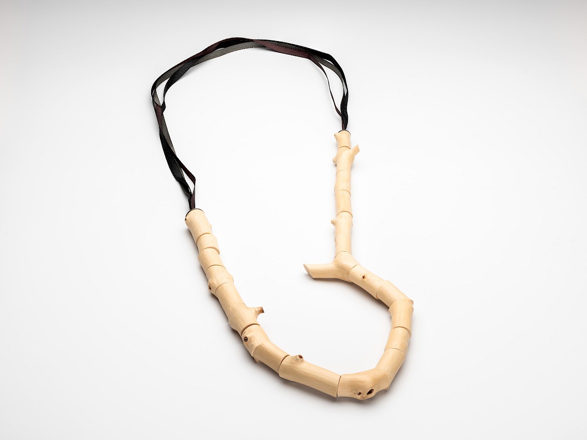 necklace out of maplewood, peeled, with silver 925 and silk ribbon